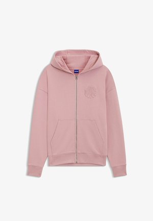 Roze hoodie met ritssluiting, gemaakt van zachte stof, met capuchon, zakken aan de voorkant en een reliëflogo op de linkerborst.