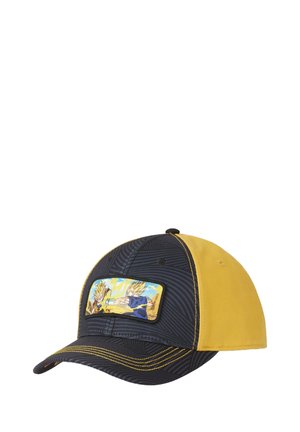 Casquette de baseball avec des panneaux noirs et jaunes et un patch à l'avant montrant deux personnages d'anime aux cheveux jaunes en train de se battre.