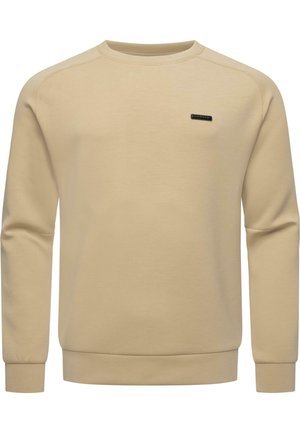 Beige Sweatshirt mit Rundhalsausschnitt, gerippten Bündchen und Saum. Hat ein kleines schwarzes Logo auf der Brust. Hergestellt aus einem weichen, glatten Stoff.
