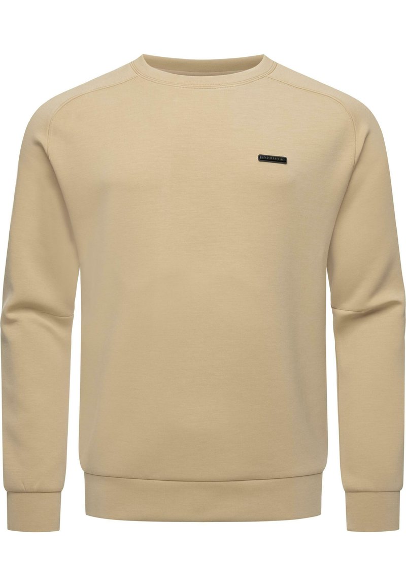 Felpa beige con collo a giro, polsini e orlo a coste. Presenta un piccolo logo nero sul petto. Realizzata in un tessuto morbido e liscio.