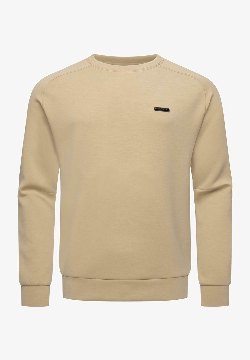 Felpa beige con collo a giro, polsini e orlo a coste. Presenta un piccolo logo nero sul petto. Realizzata in un tessuto morbido e liscio.