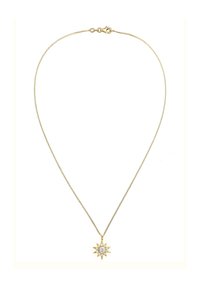 Collier en or avec une fine chaîne, mettant en valeur un pendentif en forme d'éclat de soleil serti d'une pierre centrale claire et de petites pierres autour des bords.