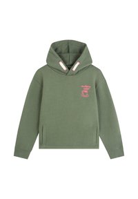 Sudadera verde hecha de tejido suave, con una gran capucha, bolsillo frontal y diseño de logo rosa en el pecho. Corte clásico con puños de canalé.