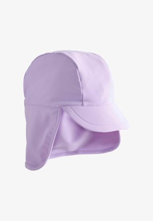 Sombrero de sol de color púrpura claro con solapa para el cuello y ala curva, diseñado para protección completa de la cabeza y el cuello.