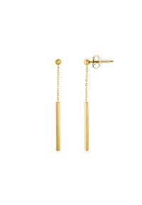 Ohrringe in Goldfarbe mit einem Kugelstecker, die zwei vertikale Stangenanhänger enthalten, die durch feine Ketten verbunden sind. Glatte Oberfläche, elegantes Design.
