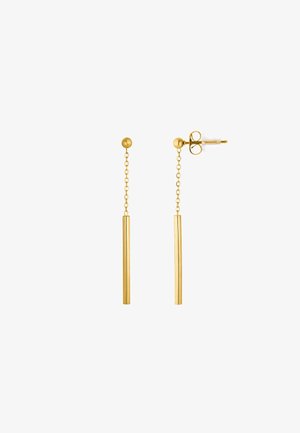 Gold-tone earrings with a ball stud, featuring two vertical bar pendants connected by delicate chains. Smooth finish, sleek design.