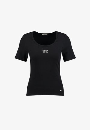 T-shirt noir ajusté à manches courtes avec encolure dégagée et texte blanc « MEGA COOL » imprimé sur la poitrine.
