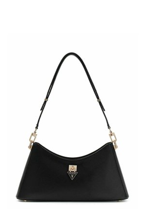 Sac à épaule noir texturé avec une seule sangle et des ferrures dorées portant le logo Guess sur le fermoir avant.