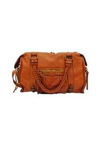 Sac à main en cuir marron avec deux poignées courtes, une bandoulière réglable, une poche zippée à l'avant, des coutures décoratives et des accents métalliques.