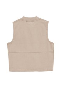 Beige ärmlös väst med rak skärning, tillverkad av mjukt tyg. Har stickade sömmar och en enkel krage utan knäppningar.