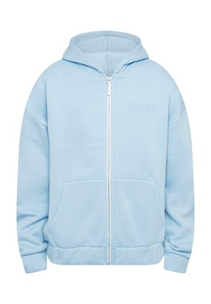 Light blue zip-up hoodie made from soft fabric, featuring a hood, front pockets, and embossed "DROPSIZE" logo on the chest.