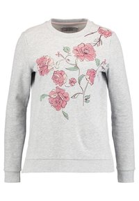 Sudadera gris de mezcla de algodón con mangas largas. Presenta un diseño floral rosa en la parte superior izquierda y puños y dobladillo acanalados.