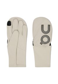 Gants beige avec un design à pouce séparé. Fabriqués dans un matériau lisse. Présentent un embout tactile noir et un grand logo "UO" sur les poignets.