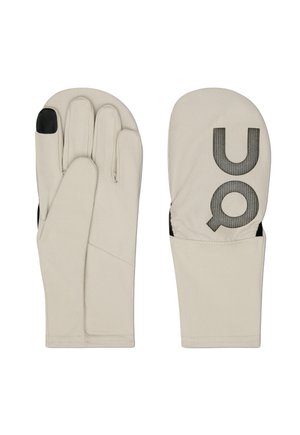 Guantes beige con un diseño de pulgar separado. Hechos de un material suave. Con punta táctil negra y un gran logo "UO" en los puños.