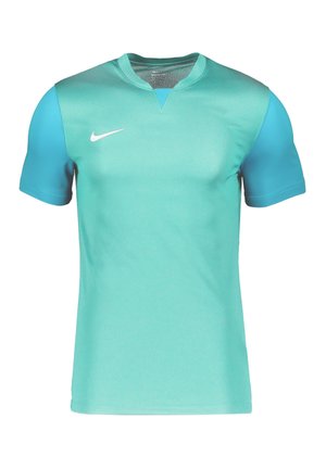 Türkises Nike Sport-T-Shirt mit kurzen Ärmeln, Rundhalsausschnitt und atmungsaktiven Mesh-Details auf den Schultern. Mit einem weißen Logo auf der Brust.