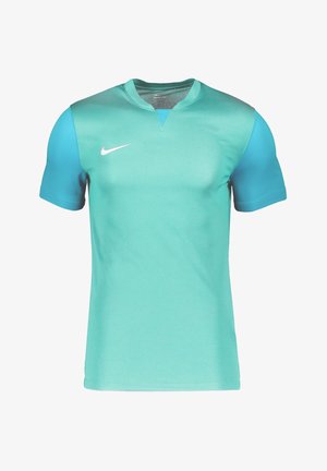 Turquoise Nike sport T-shirt met korte mouwen, een ronde hals en ademende mesh details op de schouders. Voorzien van een wit logo op de borst.