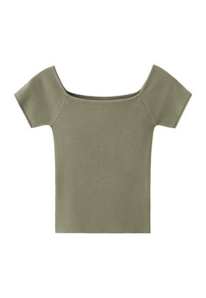 Striktop i olivengrøn med ribbet tekstur, der har korte ærmer og en bred, skulderfri halsudskæring.