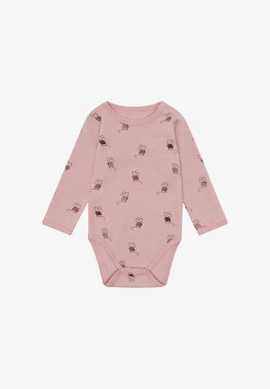 Body da neonato a maniche lunghe di colore rosa con chiusure a scatto, decorato con un motivo di piccoli topolini che indossano magliette a righe e a tinta unita.