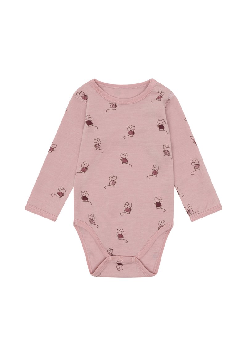 Rosa Langarm-Babykombination mit Druckknöpfen, die ein Muster aus kleinen Mäusen zeigt, die gestreifte und einfarbige Hemden tragen.