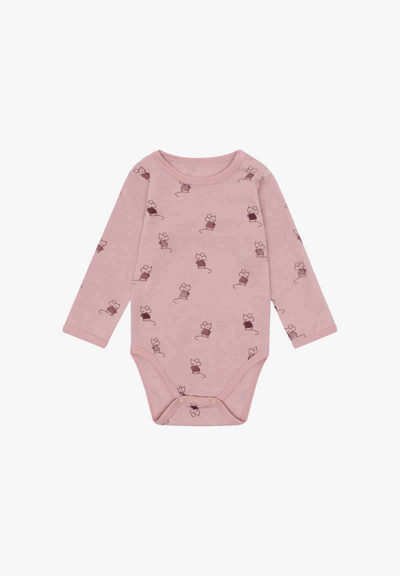 Rosa Langarm-Babykombination mit Druckknöpfen, die ein Muster aus kleinen Mäusen zeigt, die gestreifte und einfarbige Hemden tragen.