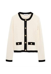 Krémový cardigan s černým lemem na límci, manžetách, předním zapínání, lemu a kapsách, s šesti zlatými dekorativními knoflíky.