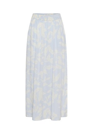 Jupe maxi bleu clair à motif floral blanc, taille élastique et tissu fluide.