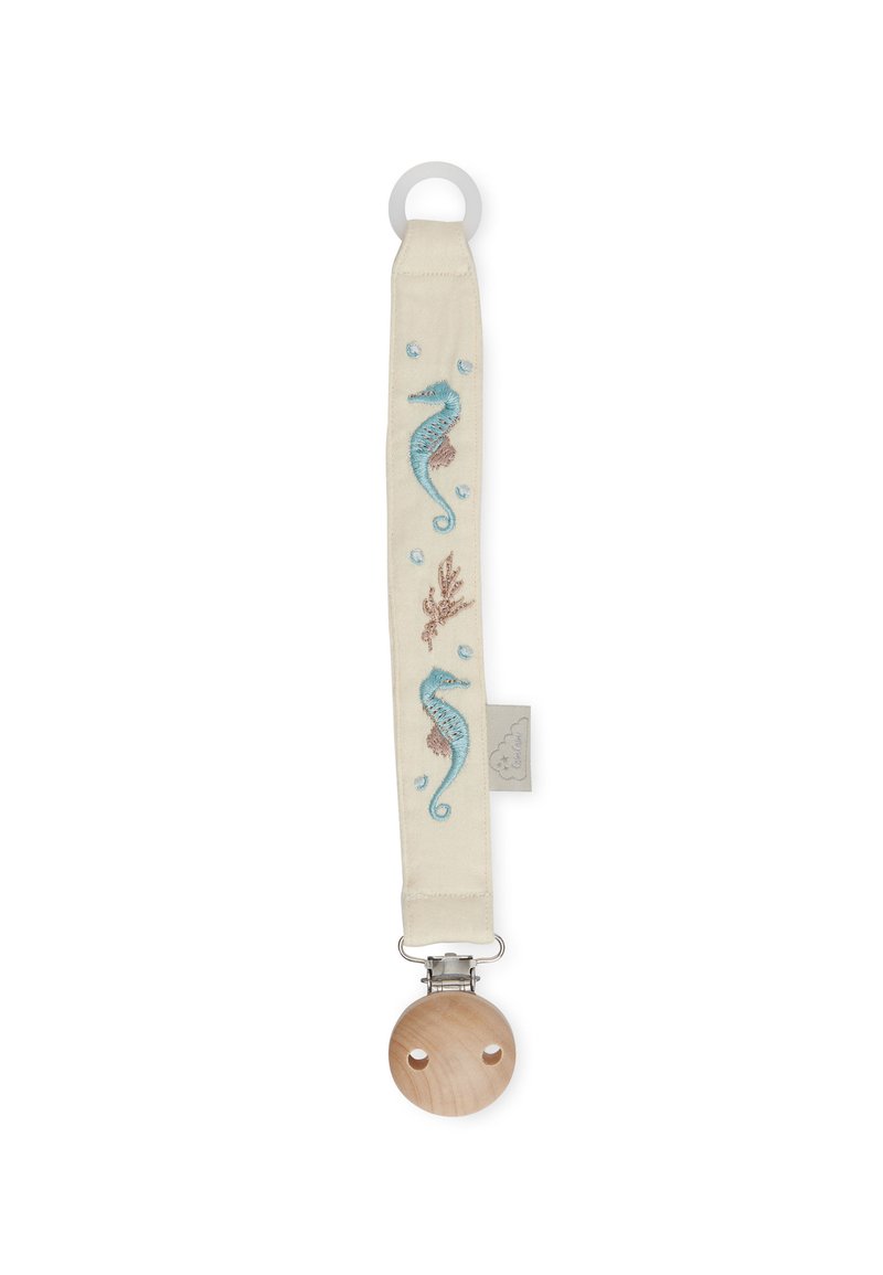 Paci strap featuring a cream fabric with blue embroidered seahorses and bubbles, attached to a wooden pacifier with a silver clip.