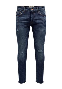 Mörkblå denimjeans med slim fit, med slitna detaljer på benen, femfickorsdesign och metallknappstängning.