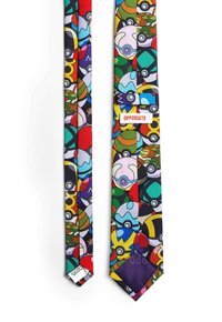 Kravat koja sadrži višebojni uzorak s karikaturalnim pokeballs i jajima, izrađena od tkanine s sjajnom teksturom. Krajevi su šiljati.