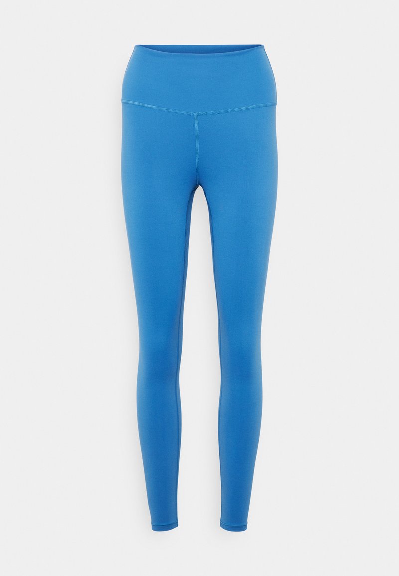 Leggings azules en una tela suave y elástica con una cinturilla alta, que presentan un diseño ajustado y una construcción sin costuras en todo su contorno.
