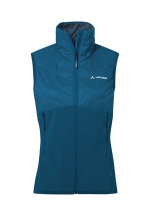 Blauwe mouwloze buitenvest met hoge kraag, ritssluiting aan de voorkant, met rits afsluitbare zijzakken en Vaude-logo op de borst.