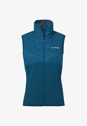 Blauwe mouwloze buitenvest met hoge kraag, ritssluiting aan de voorkant, met rits afsluitbare zijzakken en Vaude-logo op de borst.