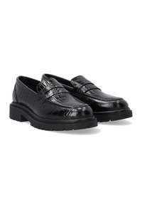 Schwarze Loafers aus strukturiertem Leder mit Krokodilprägung, ausgestattet mit einer robusten Sohle und einer eleganten, abgerundeten Form.
