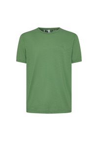 T-shirt verde a maniche corte in un tessuto strutturato, con scollatura rotonda e un piccolo logo sul petto.