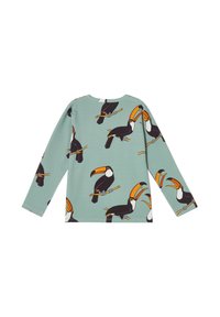 Langärmliges Hemd aus mintgrüner Stoff mit einem Toucan-Druck in Schwarz, Orange und Weiß; runder Ausschnitt und weiche Textur.
