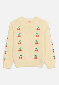 Κρεμ πλεκτό πουλόβερ με κόκκινα σχέδια κερασιών και πράσινα στελέχη, τοποθετημένα σε κάθετες σειρές στο μπροστινό μέρος και στα μανίκια.