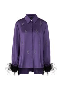 Purple satin shirt with embroidered patterns, pointed collar, long sleeves, and feather accents at the cuffs. Smooth texture and relaxed fit.