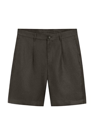 Dunkelbraune, maßgeschneiderte Shorts mit Gürtelschlaufen, Seitentaschen, vorderem Knopf- und Reißverschluss, vor weißem Hintergrund gezeigt.