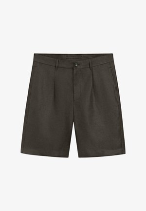 Pantaloncini su misura marrone scuro con passanti per cintura, tasche laterali, bottone frontale e chiusura con zip, mostrati su sfondo bianco.