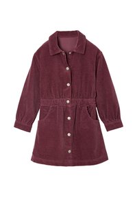 Cordkleid in tiefem Burgunderrot, mit Kragen, Knopfleiste, langen Ärmeln, elastischem Bund und Seitentaschen. Strukturierter Stoff.