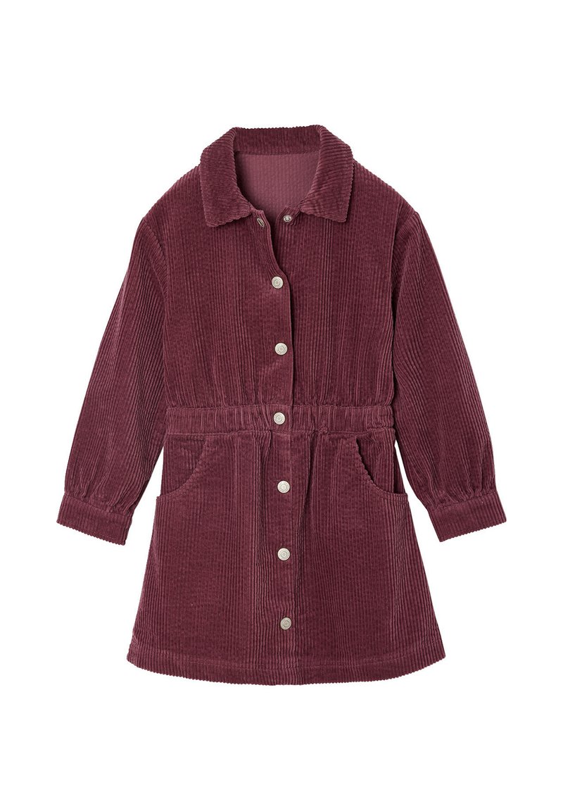Cordkleid in tiefem Burgunderrot, mit Kragen, Knopfleiste, langen Ärmeln, elastischem Bund und Seitentaschen. Strukturierter Stoff.