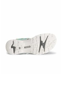 White sneaker sole with light blue accents, textured grooves, and a distinctive gray logo. Features cushioning and grip for traction.