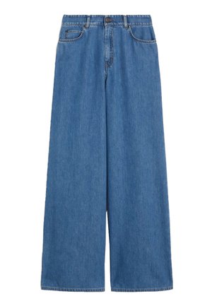 Jeans denim blu medio a gamba larga con bottone frontale, chiusura con zip, passanti per cintura e tasche laterali e posteriori.