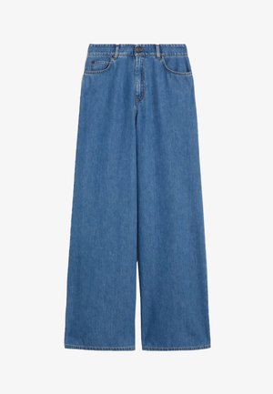 Jeans denim blu medio a gamba larga con bottone frontale, chiusura con zip, passanti per cintura e tasche laterali e posteriori.