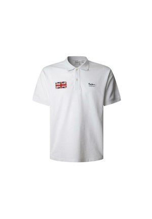 Weißes Poloshirt aus Baumwolle mit einem roten und blauen Union Jack-Aufnäher auf der linken Brust und schwarzer, gestickter Branding.