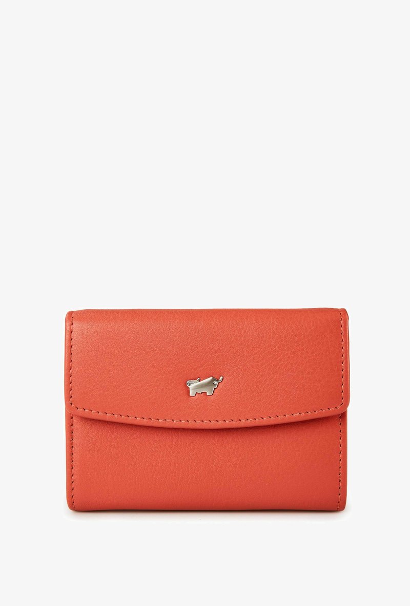 Portefeuille compact en cuir orange avec un rabat et un petit emblème rhinocéros argenté centré sur le devant.