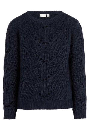 Marineblauer grob gestrickter Pullover mit Chevron-förmigen Lochstrickmustern, langen Ärmeln, gerippten Bündchen und rundem Halsausschnitt.