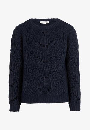 Pull en maille épaisse bleu marine avec des motifs ajourés en forme de chevrons, manches longues, poignets côtelés et encolure ronde.