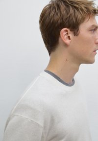 Hellgrauer Pullover mit Rundhalsausschnitt, der einen dunkelgrauen Innenkragen aufweist. Der Stoff wirkt weich mit einer feinen Textur.