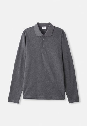 Long-sleeve polo shirt in dark gray cotton, featuring a classic collar, three-button placket, and a relaxed fit. Smooth texture.